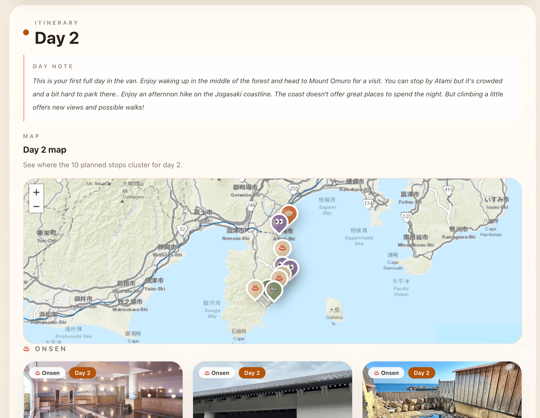 日本のキャンピングカー旅程を表示する画面